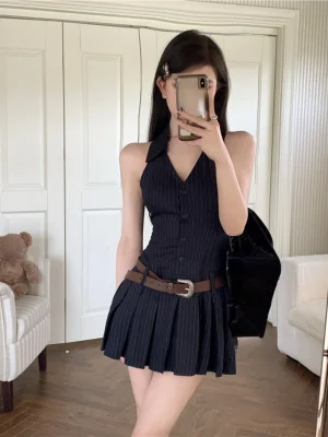 Woman Fashion V-neck Sleeve Striped Dress Clothing High Waist