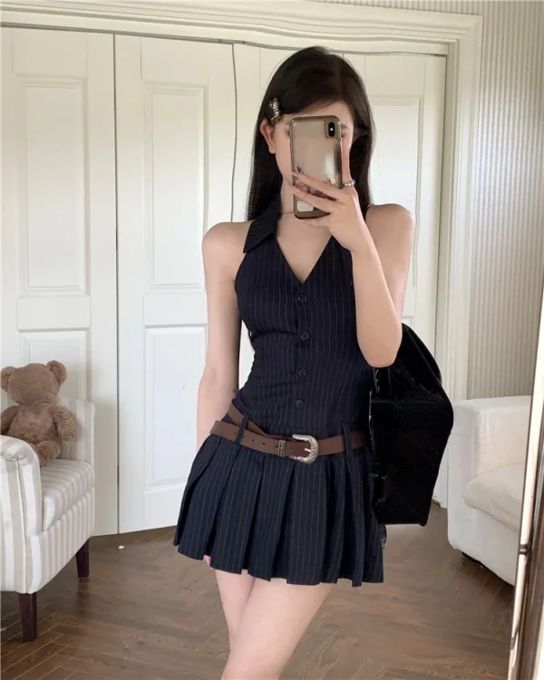 Woman Fashion V-neck Sleeve Striped Dress Clothing High Waist