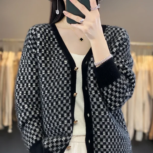 Wool Sweater Women's V-neck Knitted Cardigan Plaid Contrast Loose Fashion - Image 5