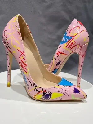 Pink Artistic Graffiti Print Women Sexy Pointy Toe