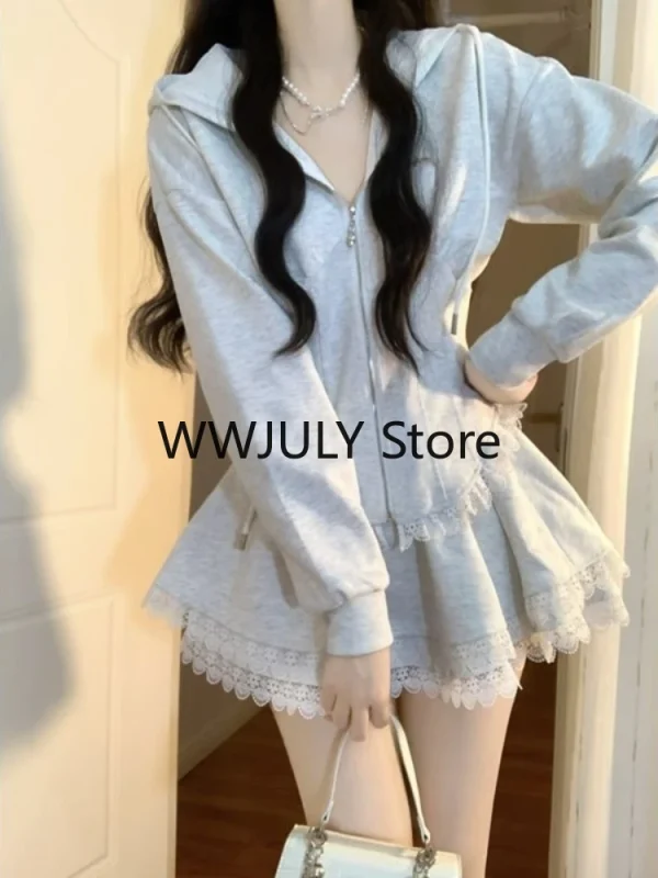 Korean Fashion Clothing Grey Lace 2 Piece Set Woman Casual Hooded - Image 5