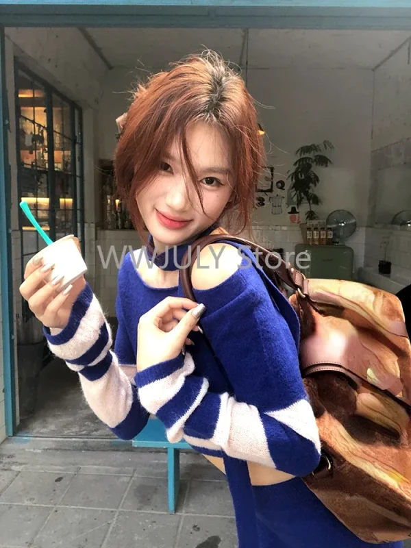 Blue Knitted Sets Women Korean Fashion Striped Suit Casual - Image 4