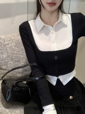 Korean Fashion Slim Pullover Office Lady Fake Two Elegant Shirt