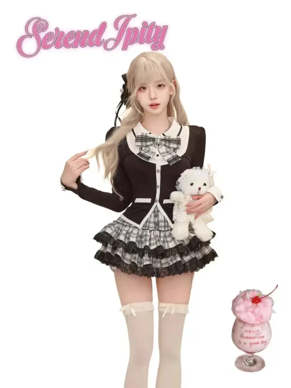 Cardigan Coat Ruffles Plaid Mini Skirt Female Korean Fashion Lolita Outfits - Image 3