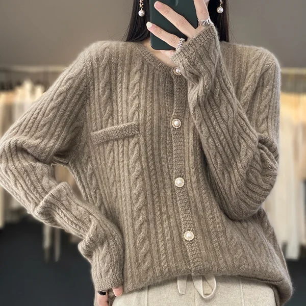 wool cardigan women's solid color loose twisted knit sweater - Image 5