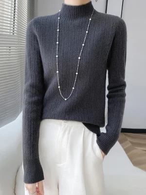 Wool women’s semi-high neck slim sweater solid color casual knit