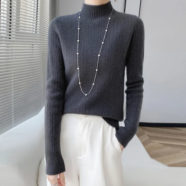 Wool women's semi-high neck slim sweater solid color casual knit