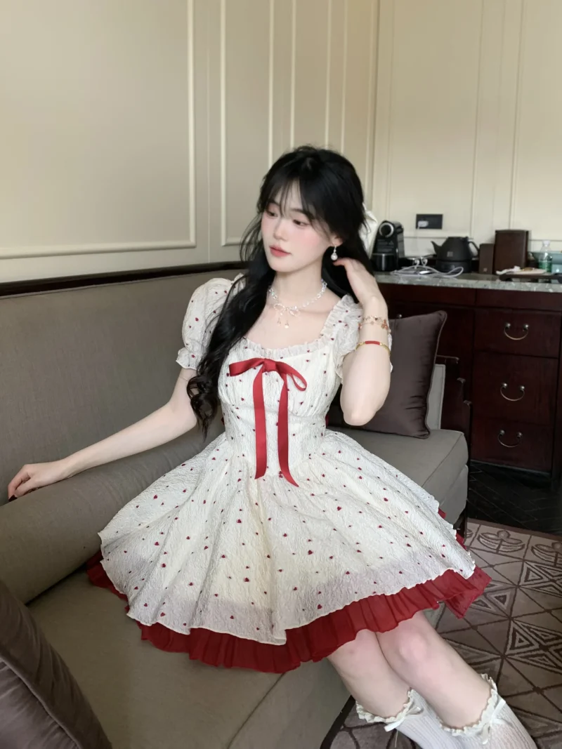 Sweet Print Mini Dress Woman Bow Lolita Kawaii Short Party Dress - Image 2