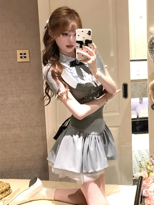 Preppy Style Grey 2 Piece Set Summer Women Korean Fashion  Crop Tops - Image 6