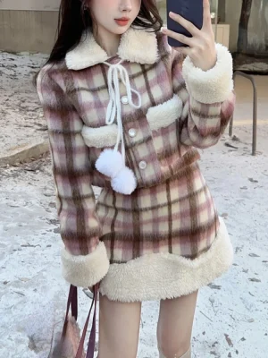 Winter Outwear Plaid Jacket Coat Suit Woman Warm Casual Kawaii Coat