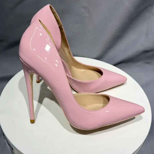 Glossy Pink Women's Sexy Side V Cut Pointy Toe High Heels - Image 4