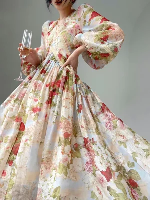 French Elegant Floral Midi Dress Woman Beach Style