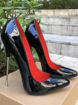 Shiny Black Women Slip On Pointy Toe High Heel Shoes 16cm