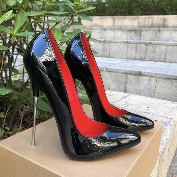 Shiny Black Women Slip On Pointy Toe High Heel Shoes 16cm