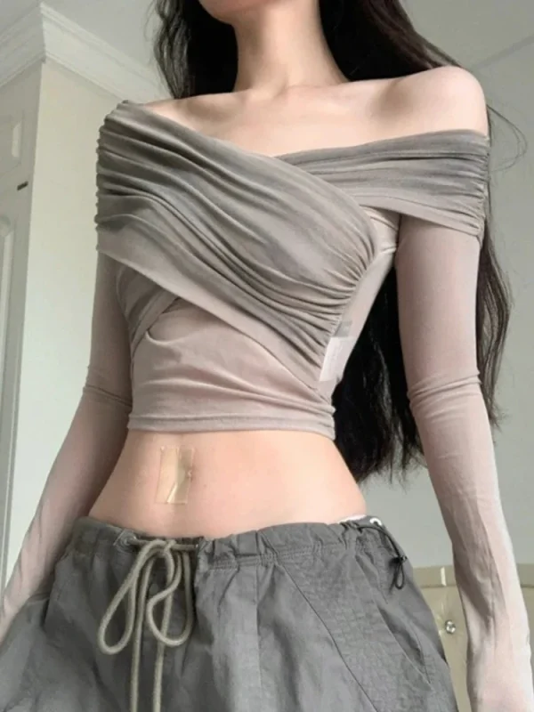 Vintage Slim Women Pleated Long Sleeve T Shirt Sexy