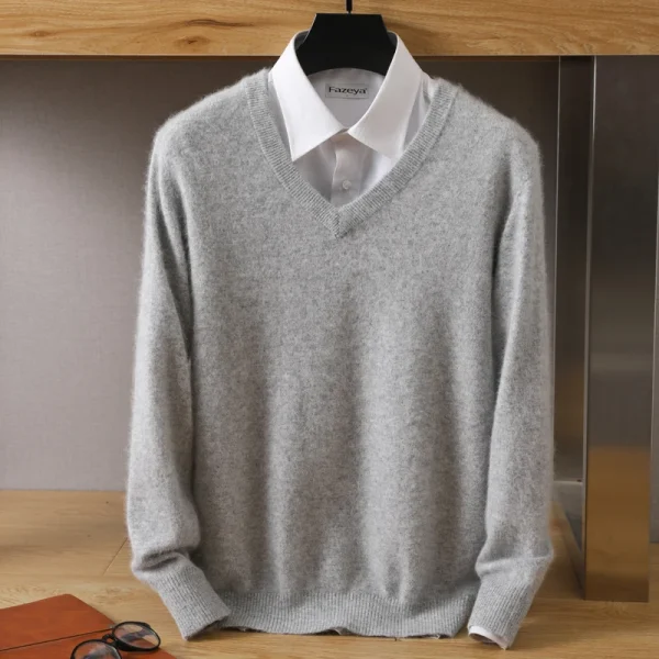 mink plus size sweater V-neck solid color casual knit pullover men's - Image 2