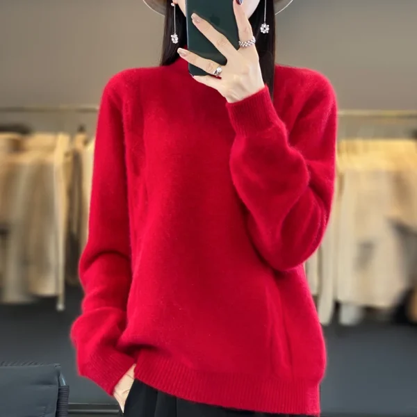 Wool women's sweater pullover semi-high neck thick long sleeve - Image 6