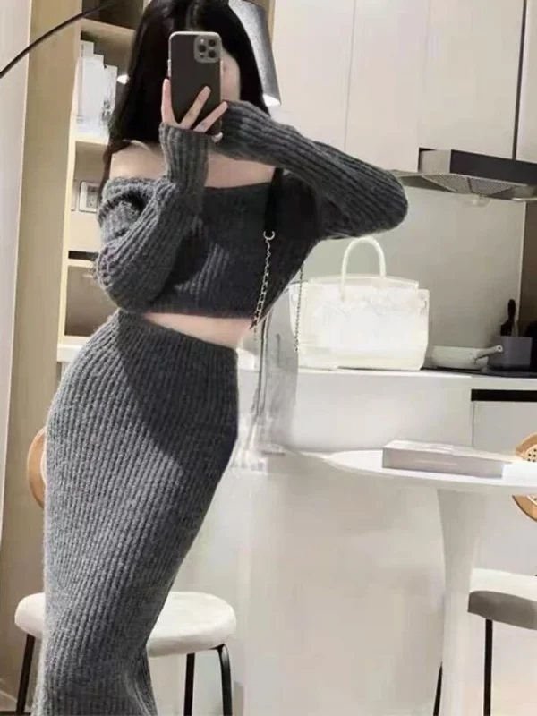 Autumn Elegant Knitted 2 Piece Set Office Lady Sweater Blouse - Image 2