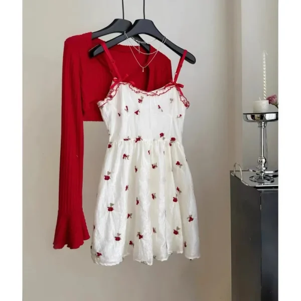 Sweet Fashion 2 Piece Dress Set Woman Red Knitted Short Cardigan