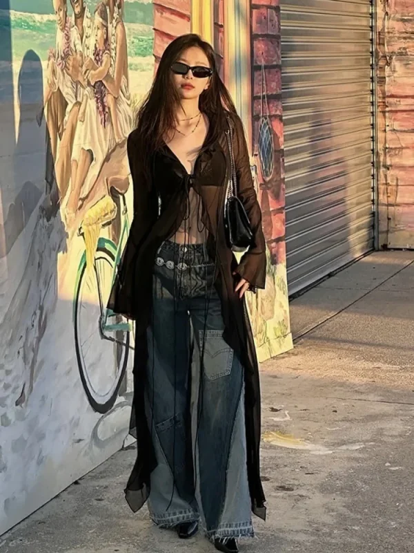 Long Cardigan Slim V Neck Streetwear Sexy Grunge Tops - Image 2