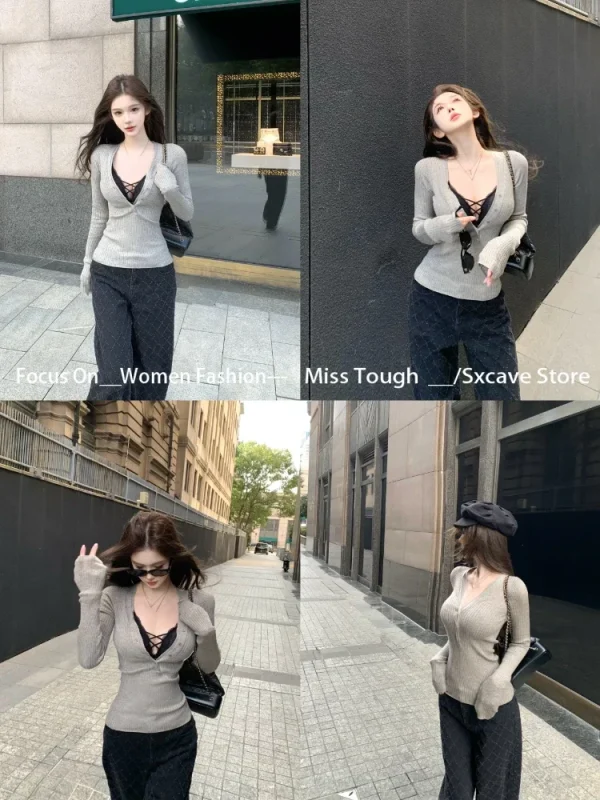 Sexy Dark V-Neck Long Sleeve Knitted Sweater Women Thin Bodycon Slim Tops - Image 2