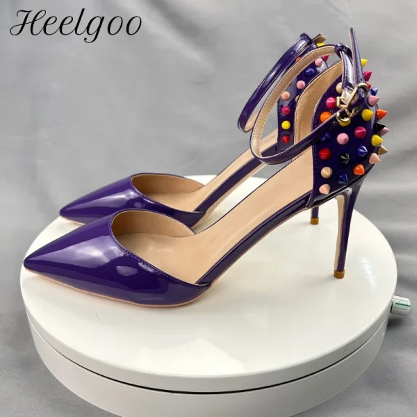 Mixed Colors Spike Rivets Ankle Strap Women Sexy Pointy Toe High - Image 2