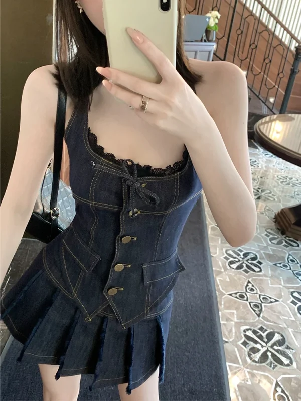 Skirt Set Korean Single Breasted Denim Halter Tops - Image 3