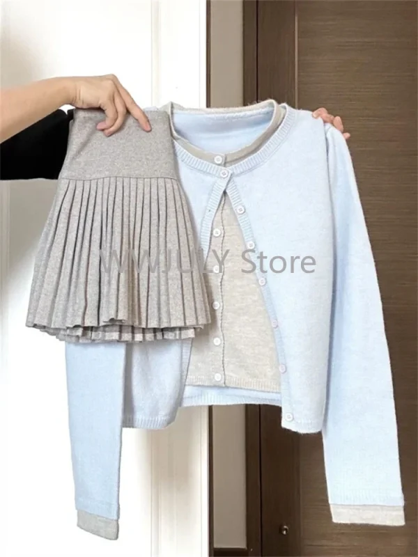 Preppy Style Knitted Two Piece Set Casual Fake Two Sweater Cardigan - Image 4