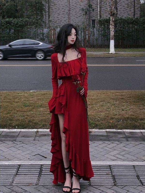 Red Square Collar Ruffle Party Dress Christmas Irregular Prom Dress - Image 7