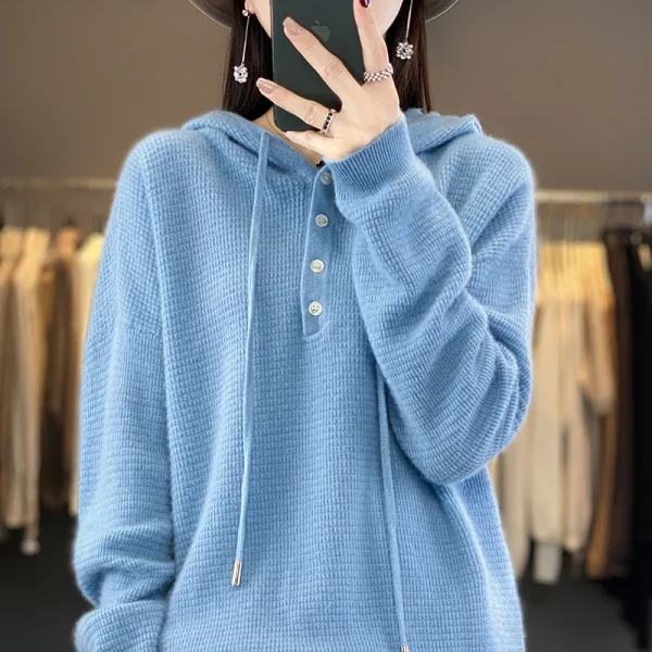 Sweater women's knitted pullover hoodie solid color buttons - Image 3