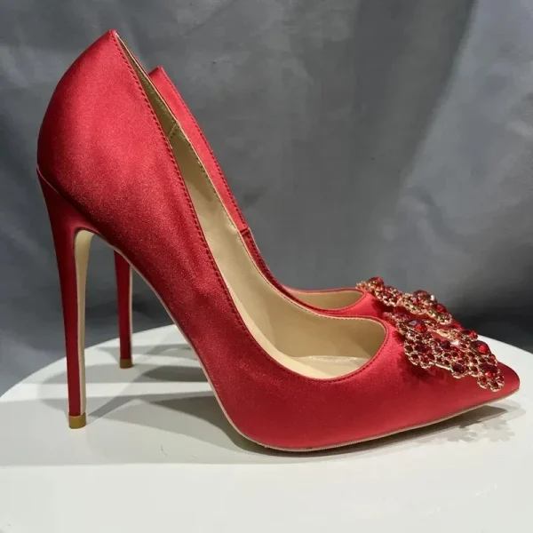 Sexy Rhinestones Square Women Red Satin Pointy Toe High Heel - Image 3