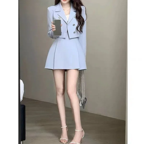 Women's Blue Short Suit Coat Mini Skirts Outfits Korean Fashion Blazers - Image 2