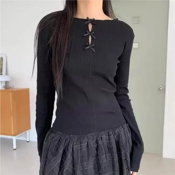 T-shirts Long Sleeve Knitted Tops Women Y2k E-Girl O-neck Hollow Out Bow - Image 5