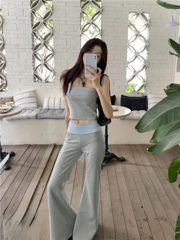 Women Summer Contrast Color Tube Top Vest Slightly Flared Trousers - Image 2