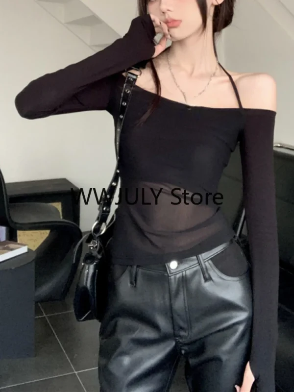 Korean Mesh Stitching Casual Black Long-sleeved T-shirt Women - Image 5