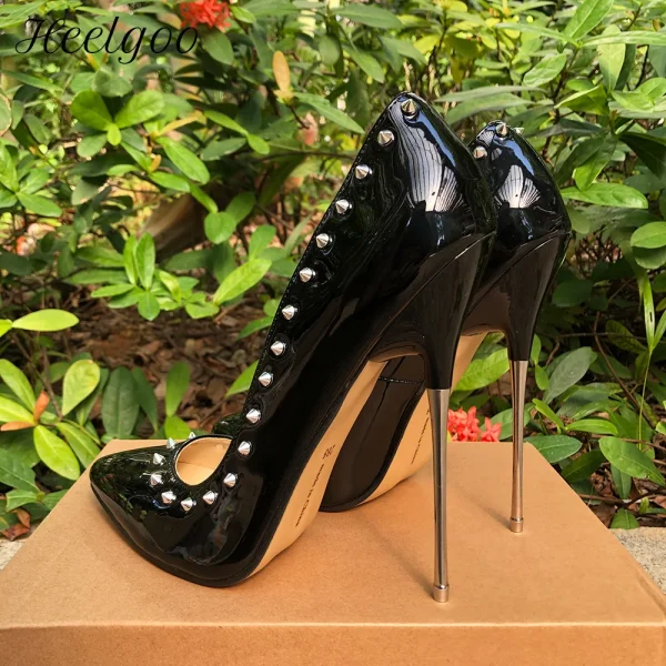 Extreme Thin High Heels Women Black Punk Spikes Stiletto Pumps - Image 2