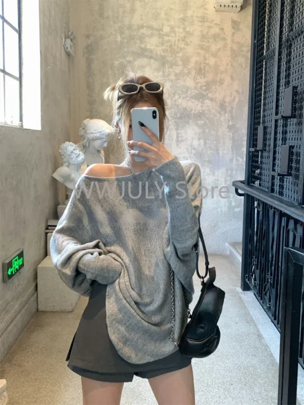 Casual Loose Knitted Sweater Woman Off Shoulder Korean Fashion - Image 2