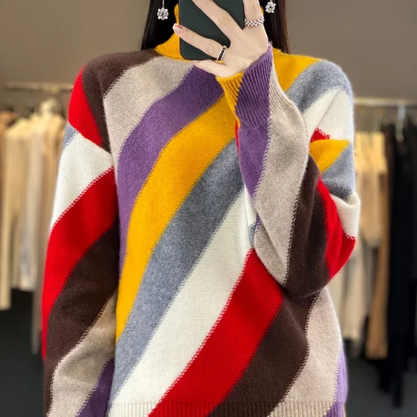 Wool turtleneck color matching thick sweater knitted pullover fashion loose coat