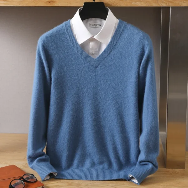 mink plus size sweater V-neck solid color casual knit pullover men's