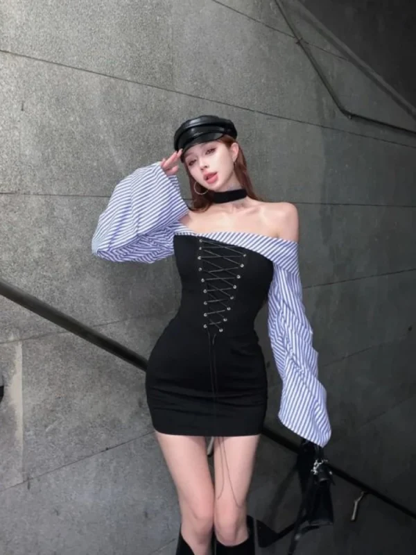 Woman American Style Vintage Off Shoulder Lace Up Sexy Dress