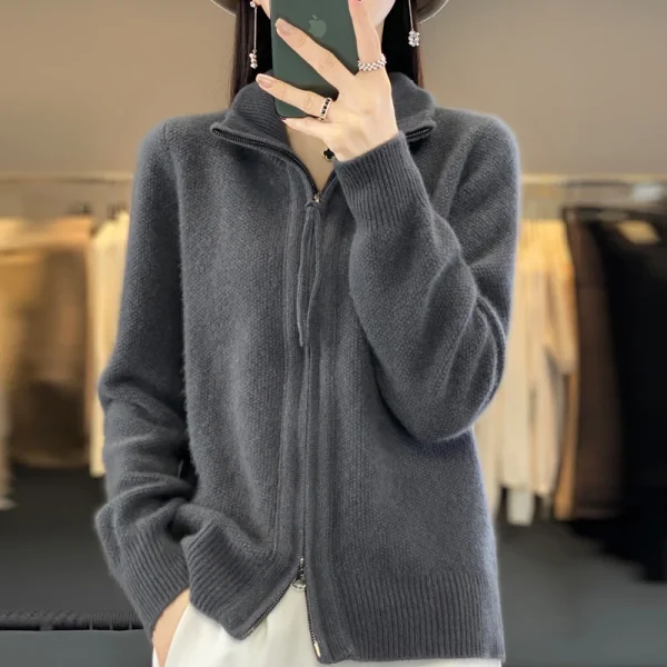 wool cashmere sweater women's semi-turtleneck cardigan - Image 3