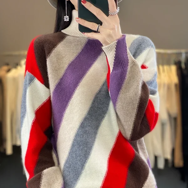 Wool turtleneck color matching thick sweater knitted pullover fashion loose coat - Image 2