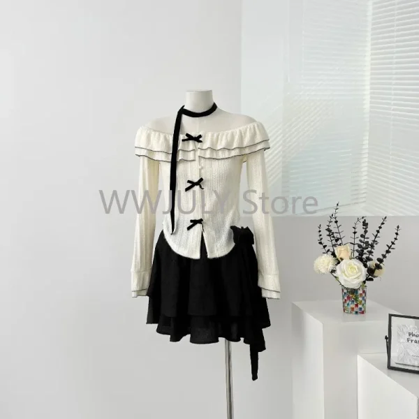 Woman Sweet Kawaii 2 Piece Set Casual Bow Crop Tops - Image 4