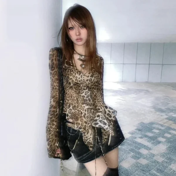 Leopard Print T-Shirt Harajuku Ruffled Blouses Grunge Aesthetics V-neck