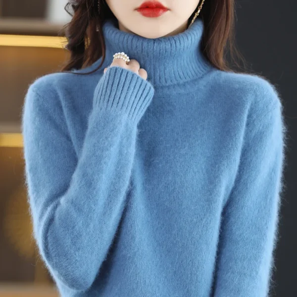 velvet women's sweater solid color turtleneck knit pullover - Image 2