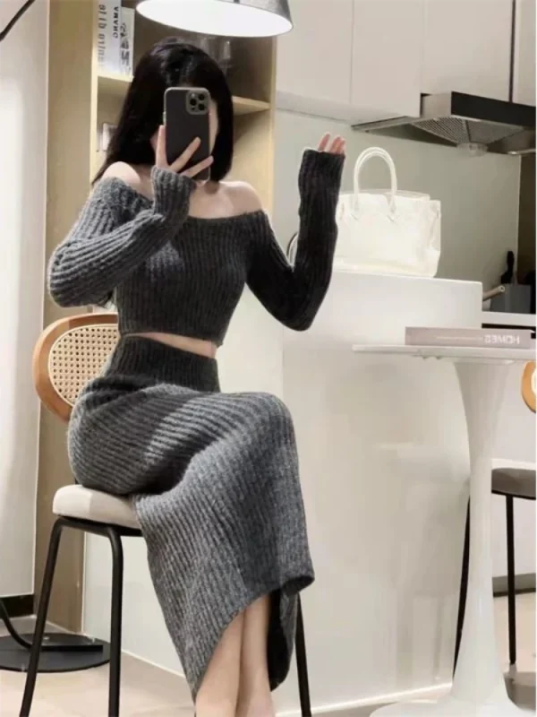 Autumn Elegant Knitted 2 Piece Set Office Lady Sweater Blouse