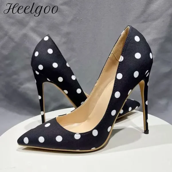 Black Polka Dot Women Satin Pointy Toe High Heel Shoes - Image 2