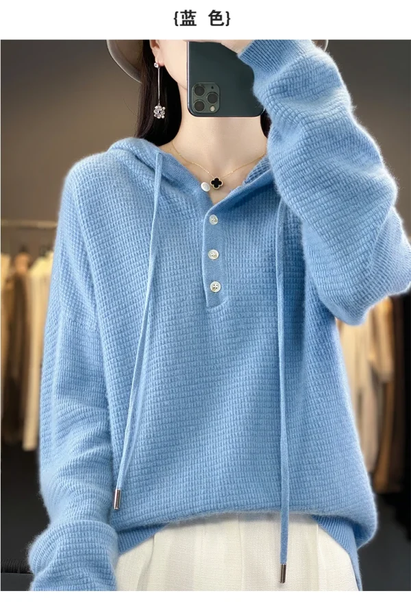 Sweater women's knitted pullover hoodie solid color buttons - Image 7