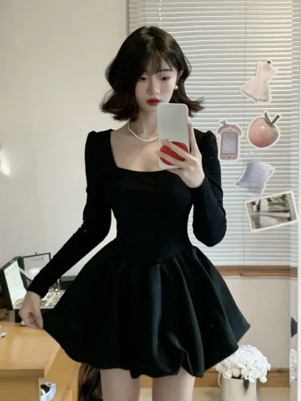 Autumn Vintage Black Clothing Suit Woman Slim  Mini Dress - Image 3