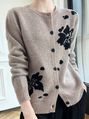 wool cardigan New cashmere sweater women’s round neck cardigan